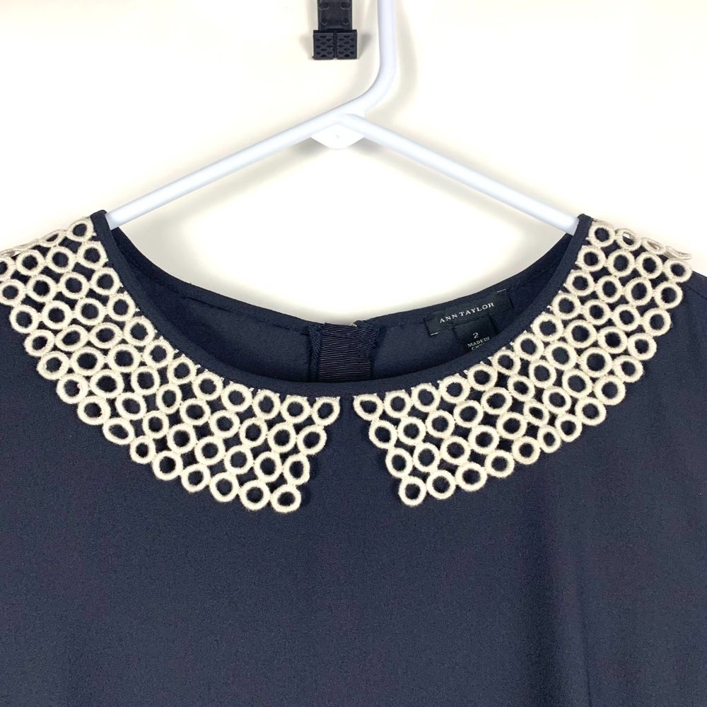 Ann Taylor Navy Top Blouse with Ivory Lace Neckline - Size 2 NWOT
